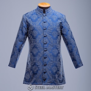 Jacquard Doublet, Medieval long doublet, Renaissance fair clothing, LARP blue doublet, Medieval jacket, Mens medieval vest