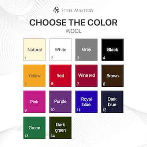 Pode incluir: Imagem que exibe uma tabela de cores para l&atilde;, com o texto "CHOOSE THE COLOR". A tabela inclui 14 op&ccedil;&otilde;es de cores: Natural, Branco, Cinza, Preto, Amarelo, Vermelho, Vinho tinto, Castanho, Rosa, Roxo, Azul royal, Azul escuro, Verde e Verde escuro.