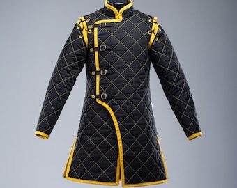 Black Medieval gambeson, Light Armor Coat, HEMA Medieval man costume, Black gambeson, Ren faire armor long sleeve