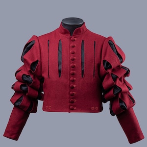 Veste en laine pour hommes, vêtements médiévaux pour hommes, pourpoint rouge à manches bouffantes Landsknecht, manteau historique de tenue médiévale de Landsknecht pour le cosplay