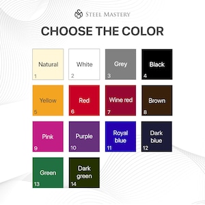 May include: Color chart with 14 different color options. The colors are labeled with numbers 1 through 14. The colors are: Natural, White, Grey, Black, Yellow, Red, Wine red, Brown, Pink, Purple, Royal blue, Dark blue, Green, Dark green.