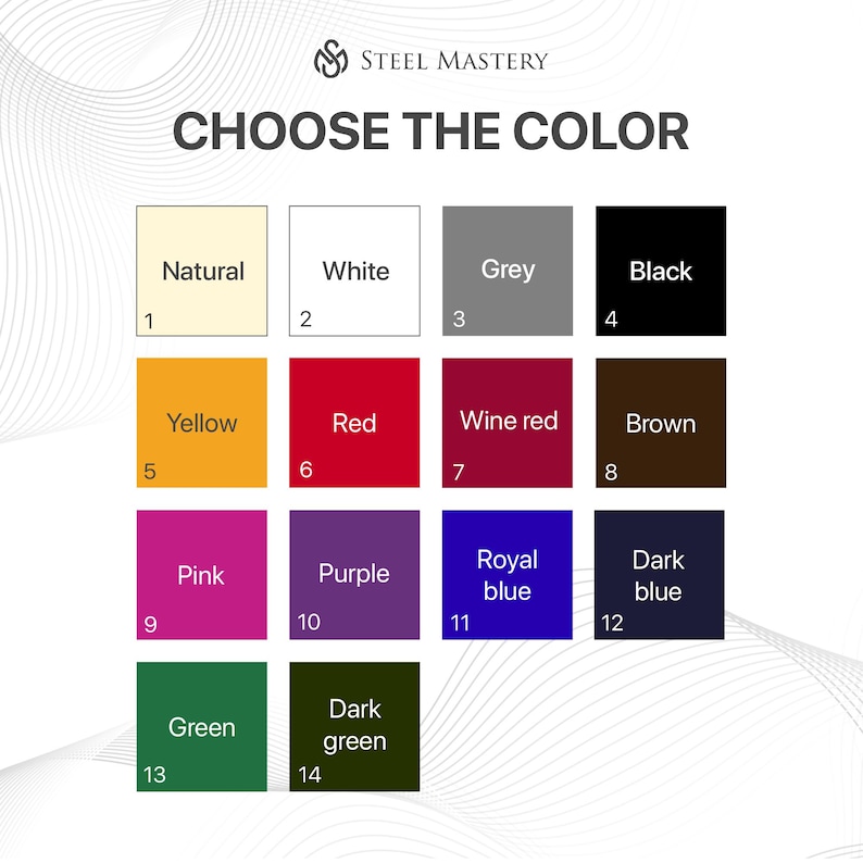 May include: Color chart with 14 different color options. The colors are labeled with numbers 1 through 14. The colors are: Natural, White, Grey, Black, Yellow, Red, Wine red, Brown, Pink, Purple, Royal blue, Dark blue, Green, Dark green.