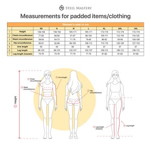 May include: A chart showing measurements for padded items or clothing in centimeters. The chart includes measurements for height, chest circumference, waist circumference, hip circumference, arm length, leg length, and leg length (inseam). The chart shows measurements for sizes XS, S, M, L, XL, 2XL, and 3XL.