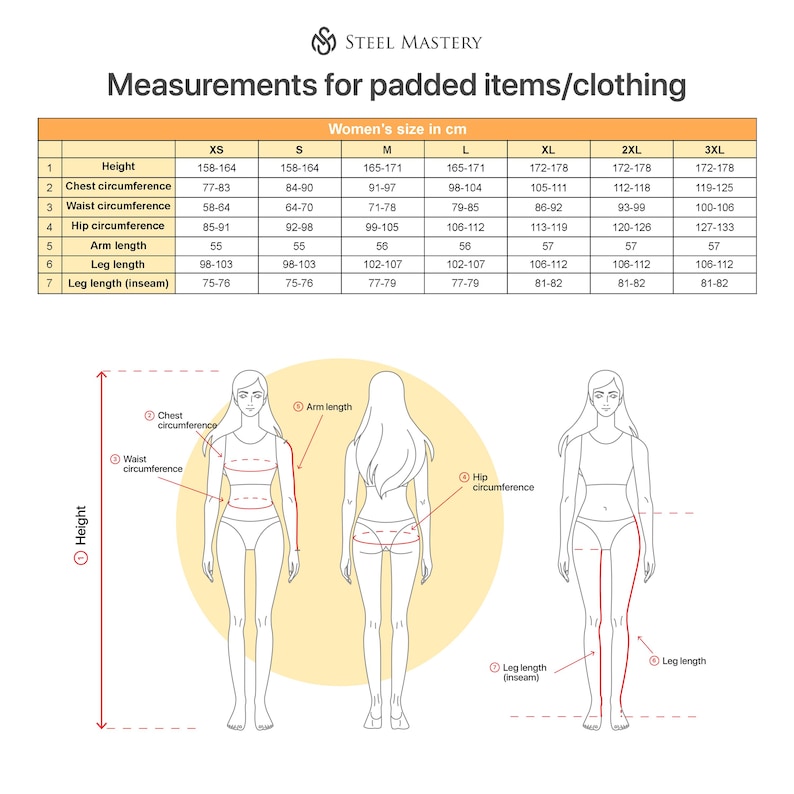 May include: A chart showing measurements for padded items or clothing in centimeters. The chart includes measurements for height, chest circumference, waist circumference, hip circumference, arm length, leg length, and leg length (inseam). The chart shows measurements for sizes XS, S, M, L, XL, 2XL, and 3XL.