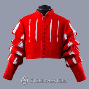 Pourpoint rouge à manches bouffantes Landsknecht, veste en laine, reconstitution historique manteau médiéval de Landsknecht, vêtements médiévaux pour hommes
