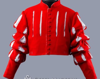 Landsknecht Puffed Sleeves Red Doublet, Wool Jacket, Reenactment Landsknecht medieval garb Historical Coat, Medieval clothing men