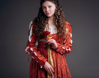 Italian Renaissance dress of the XV century, Medieval Renaissance Dress for LARP, Princess jacquard dress for girls.