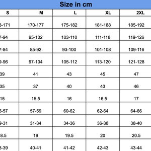 May include: A size chart for clothing in centimeters, showing measurements for different sizes from XS to 5XL. The chart includes measurements for height, chest circumference, waist circumference, hip circumference, back width, chest width, shoulder length, arm length, bicep circumference, wrist circumference, and neck circumference.