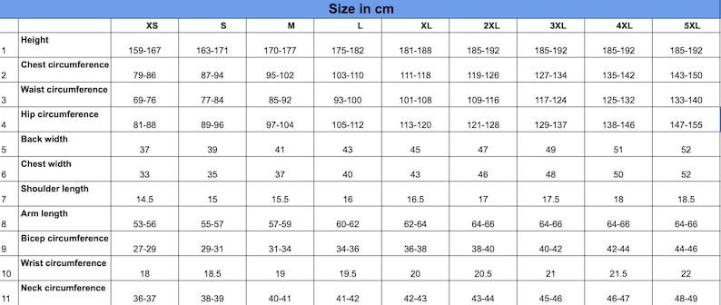 May include: A size chart for clothing in centimeters, showing measurements for different sizes from XS to 5XL. The chart includes measurements for height, chest circumference, waist circumference, hip circumference, back width, chest width, shoulder length, arm length, bicep circumference, wrist circumference, and neck circumference.