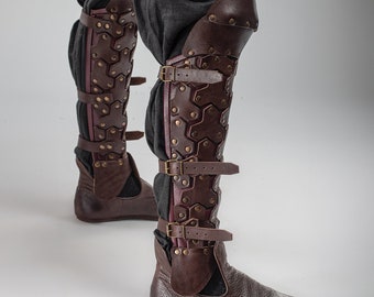 Leather fantasy greaves with knee, leather leg protecton, Larp Leg Armor, Leather Leg Armor,