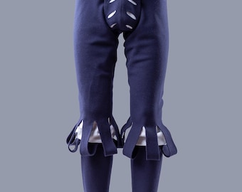 May include: Blue medieval-style pants with a lace-up front and decorative cutouts at the knees. The pants are made of a thick, woven fabric.