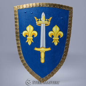 May include: A blue shield with a gold border and rivets. The shield features a gold crown, a silver sword, and two gold fleur-de-lis symbols. The shield is a medieval-themed item.