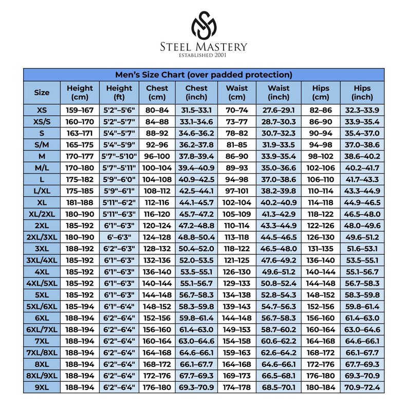 Pode incluir: Tabela de tamanhos masculinos da Steel Mastery, estabelecida em 2001. Inclui medidas de altura em cm e p&eacute;s, peito, cintura e quadris em cm e polegadas, tamanhos de XS a 9XL.