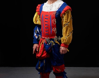 May include: A man wearing a red, yellow, and blue jester costume with a red hat and yellow feathers. The costume features a red doublet with blue trim and yellow sleeves, blue pants with red and yellow accents, and red boots.