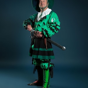 Costume médiéval à rayures Landsknecht, tenue Renaissance, tenue médiévale Landsknecht, laine Landsknecht Wams & Hosen, chapeau Landsknecht