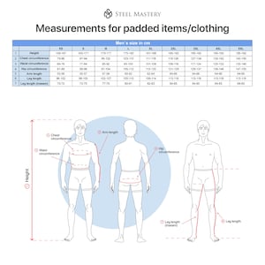 May include: A diagram showing the measurements for different sizes of clothing. The diagram shows a man standing with measurements labeled for height, chest circumference, waist circumference, hip circumference, arm length, and leg length.