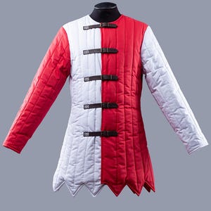 May include: A red and white padded gambeson, a type of medieval armor, displayed on a mannequin. The garment is vertically divided, with one side red and the other white. It features brown leather straps and a zig-zag hemline.