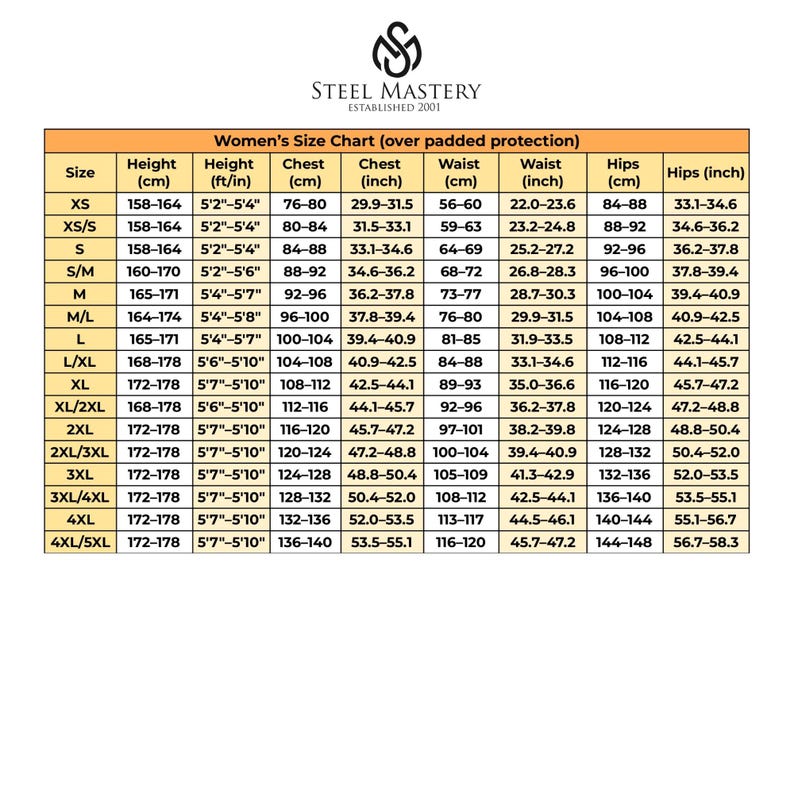 Pode incluir: Uma tabela de tamanhos de roupa feminina, com medidas em cent&iacute;metros e polegadas. Inclui tamanhos de XS a 4XL/5XL, com medidas de altura, peito, cintura e ancas. O log&oacute;tipo "Steel Mastery" est&aacute; no topo.