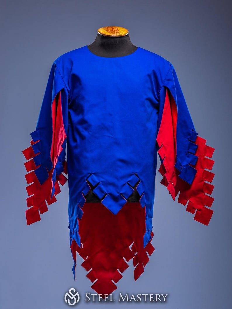 May include: A blue and red tunic on a mannequin. The tunic features a round neck and long sleeves with red detailing. The hem and sleeves are cut with a geometric pattern. The Steel Mastery logo is at the bottom.