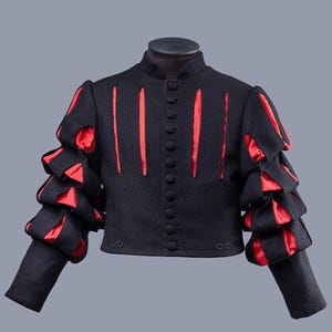 May include: A black doublet with red accents and puffed sleeves. The doublet has a stand-up collar and a row of buttons down the front.