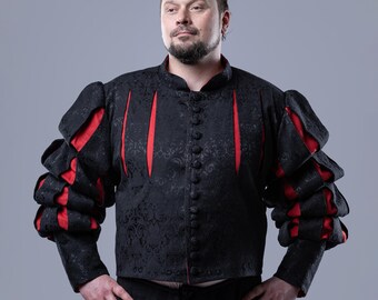 Medieval Jacquard Coat, Black and Red Doublet, Renaissance Clothing