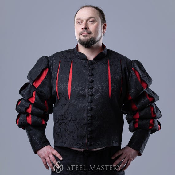 Medieval Jacquard Coat, Black and Red Doublet, Renaissance