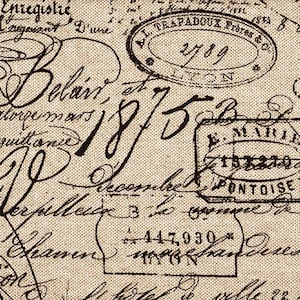 Puede incluir: Primer plano de una tela beige con escritura y sellos negros. La escritura incluye los números "1875" y el texto "Belair". Los sellos incluyen "A.L. TRAPADOUX Frères & C" y "PONTOISE".