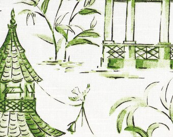 90" Round Tablecloth, Pagodas Jade Green Oriental Toile