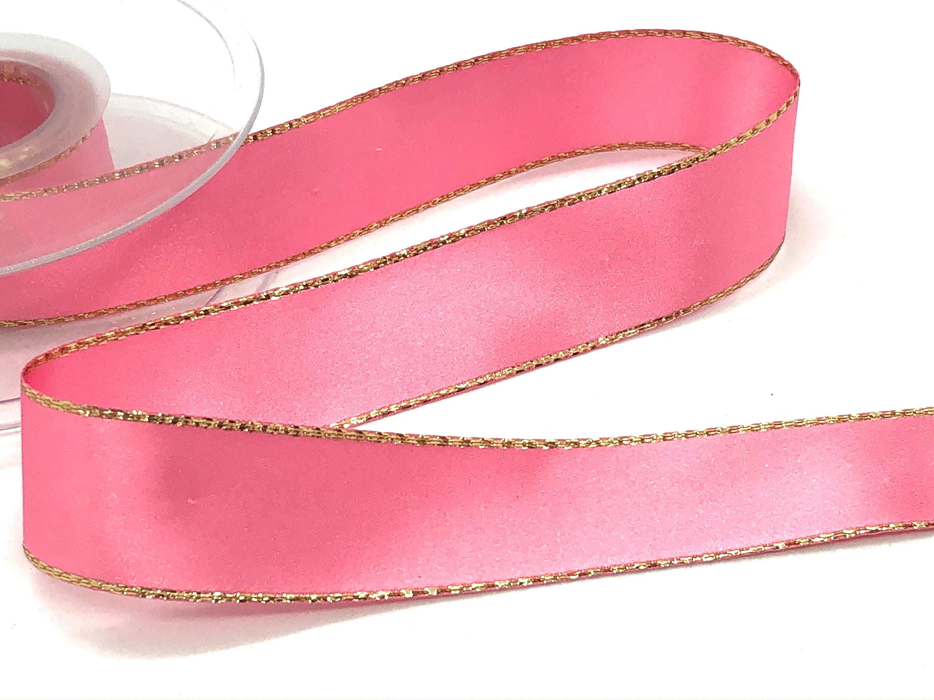 Pink Double Faced Satin Ribbon With Gold Metallic Thread Detail 23mm ...