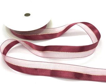 Cinta de Borgoña Organza/Satin con detalle de hilo metálico dorado Cinta de 22mm, Recortar