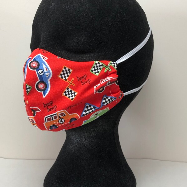 Child/Kids Fabric Face Mask - Racing Cars 3-6 yrs UK - Washable, Re-usable, comfortable cotton fabric