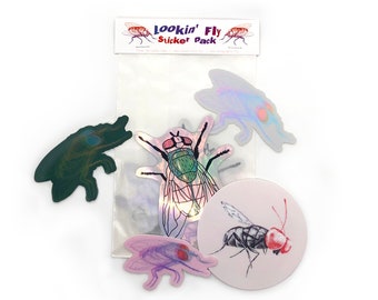 Lookin' Fly Sticker Pack - vinyl stickers, colorful stickers, insect stickers, holographic sticker, fruit fly, blue bottle fly, entomology