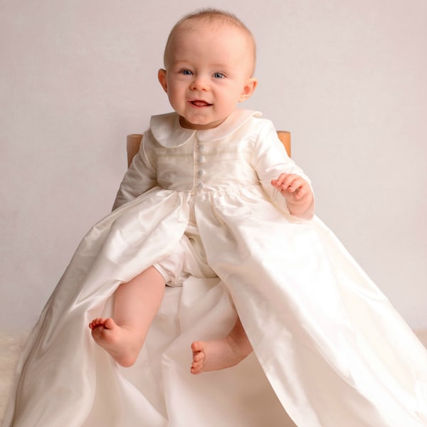 Christening Gown Coat and Romper Set - Silk Baptism Gown set.