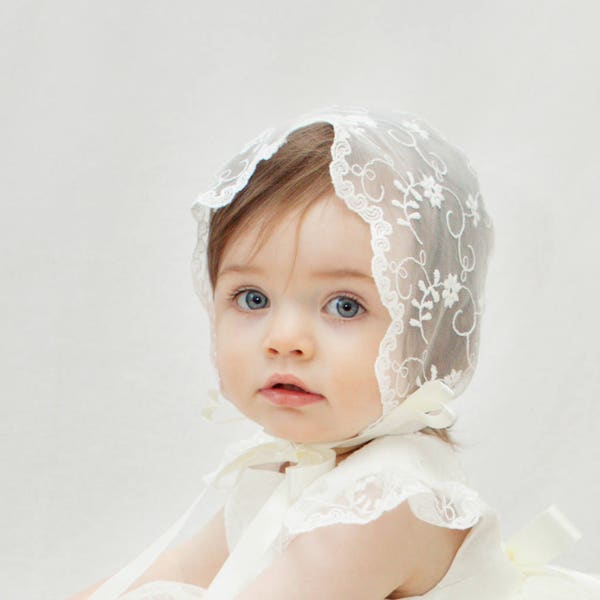 Lace Christening Bonnet -  Baptism Bonnet - Lace Bonnet - Ivory Bonnet - Christening Bonnet Baby Baptism Bonnet - Ava Sheer Lace Bonnet