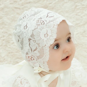 Christening Bonnet, Sheer Lace Baby Bonnet, Baptism Bonnet, Girls Baby Bonnet, Blessing Bonnet, Girls Ivory Bonnet, Lace Bonnet - Holly -