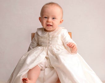 Christening Gown Coat and Romper Set - Silk Baptism Gown set.