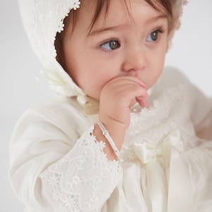 Baptism Gown and Bonnet - Christening Dress with Bonnet - Long Sleeve Christening Gown - Lara Long Sleeved Christening Gown and Bonnet