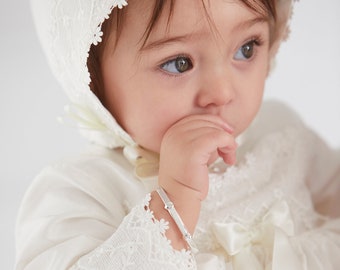 Baptism Gown and Bonnet - Christening Dress with Bonnet - Long Sleeve Christening Gown - Lara Long Sleeved Christening Gown and Bonnet