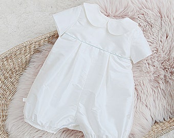 Boys Christening Outfit -  Short Legged Christening Romper - Silk Christening Outfit for Boys | 'Jacob' Silk Baptism Romper by Adore Baby