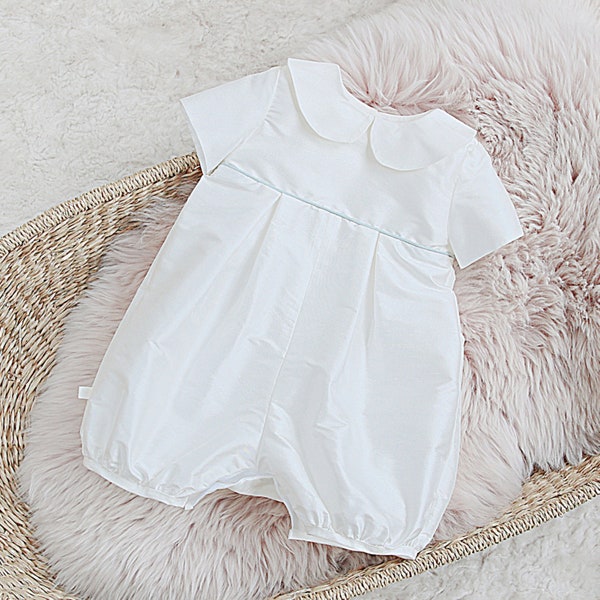 Boys Christening Outfit -  Short Legged Christening Romper - Silk Christening Outfit for Boys | 'Jacob' Silk Baptism Romper by Adore Baby