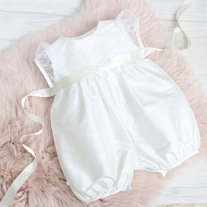 Handmade Silk Christening Romper: Baby Girl Baptism Outfit with Lace Bodice - Ava