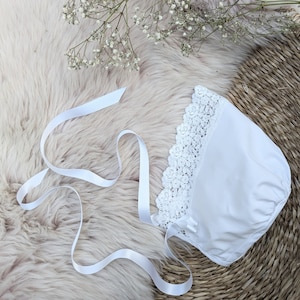 Christening Bonnet with Lace Trim - Baptism Bonnet - Baby Bonnet | &#39;Ophelia&#39; Cotton or Silk Baby Bonnet by Adore Baby