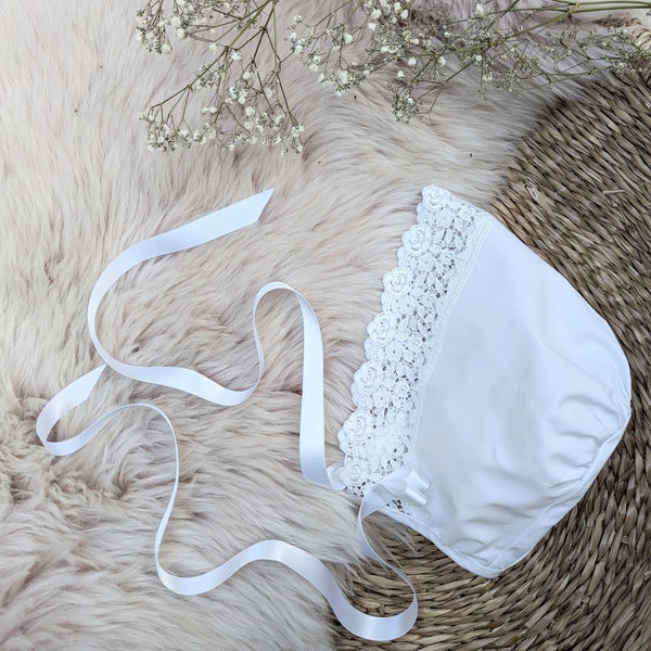 Christening Bonnet with Lace Trim - Baptism Bonnet - Baby Bonnet | 'Ophelia' Cotton or Silk Baby Bonnet by Adore Baby