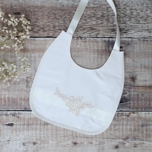 Ivory Silk Christening Bib - Catherine Baptism Bib with Lace applique