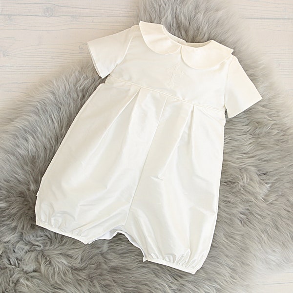 Boys Christening Outfit - Jacob Short Legged Christening Romper with Embroidered Cross - Boys Baptism Outfit - Jacob Christening Romper