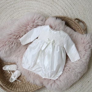 Silk Christening Romper with Lace: Handmade Baptism Outfit & Booties - Lara