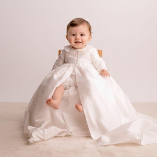 silk christening dress Handmade Silk Christening Gown Coat & Romper Set
