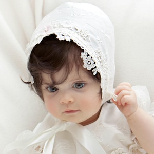 Christening Bonnet - Isabella -Baptism Bonnet - Silk Bonnet - Lace Bonnet - Blessing bonnet - Ivory Bonnet - Baby Bonnet - Adore Baby