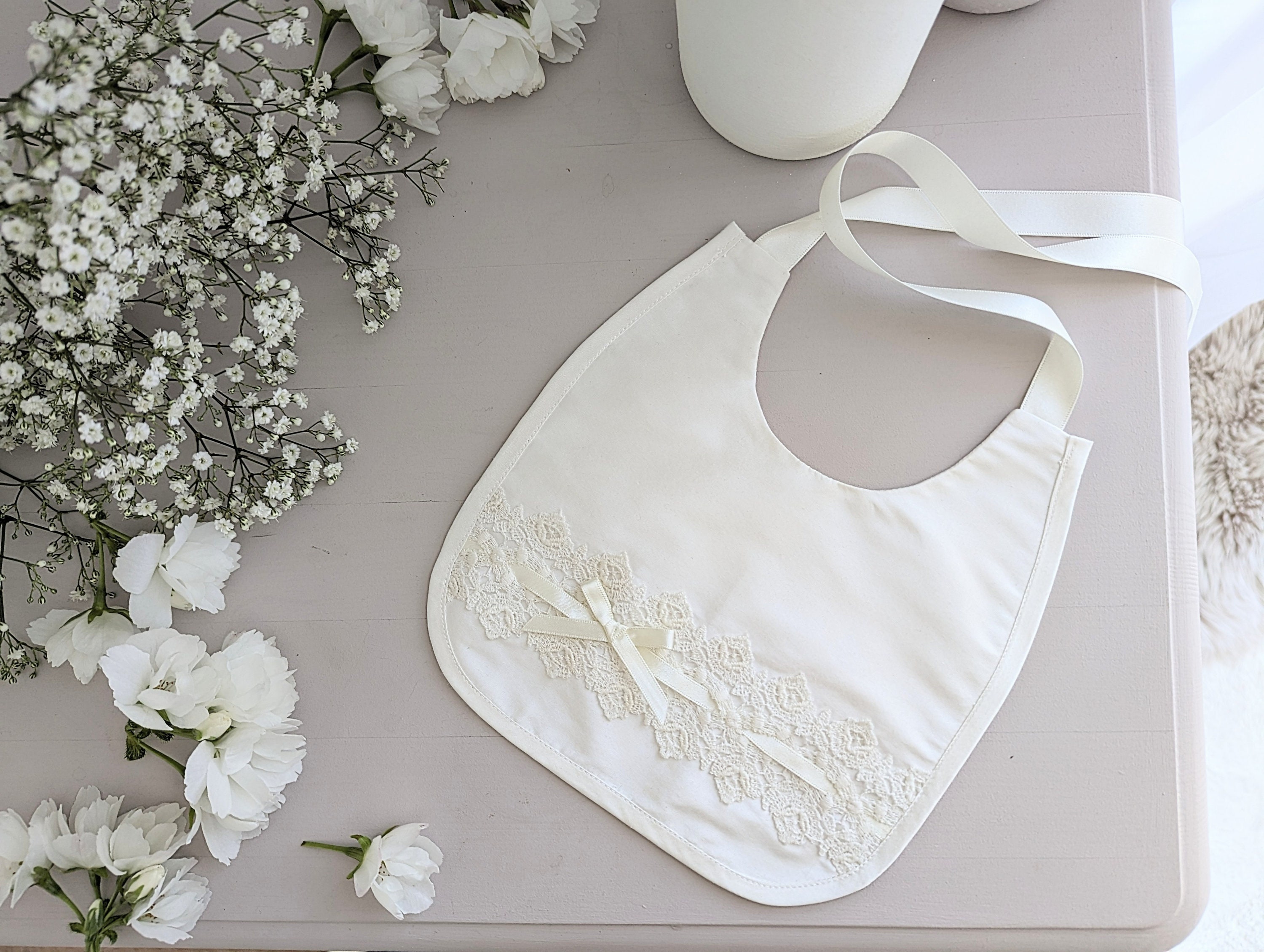 Christening Bib, Baptism Bib, Silk Christening Bib, Handmade Bib, Baby Bib, Christening Gift - 'Kara' Silk & Lace Baptism Bib by Adore Baby