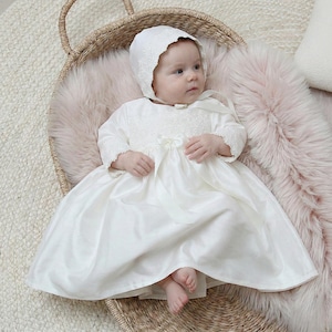 winter christening dress Winter Long-sleeve Christening Gown White/ivory Hand-smocked Cotton With Bonnet Free Personalized